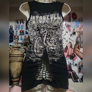 Black Bling Affliction Motorcycle Angel Wings Graphic Tank Top